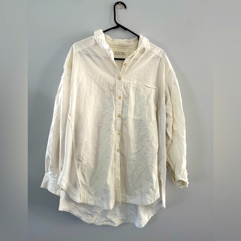Free People Over Size Button Down Shirt Flannel Blouse Cotton White Cream Size M